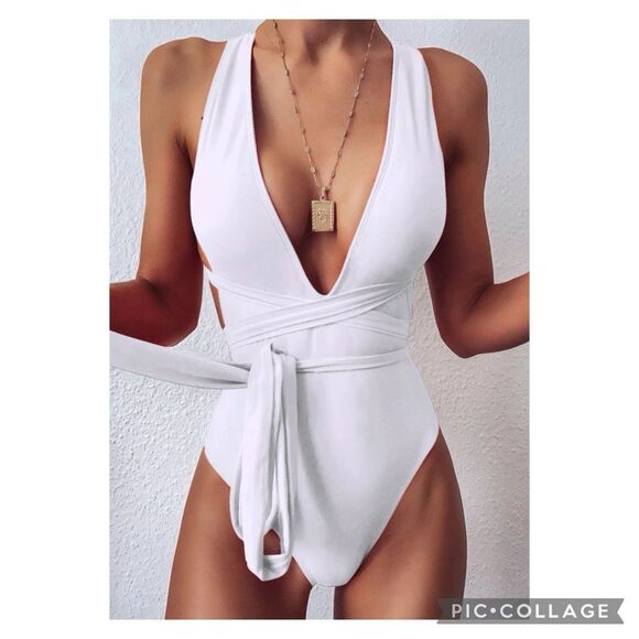 White Deep Plunge Swimsuit Med 8-10 - Picture 3 of 8